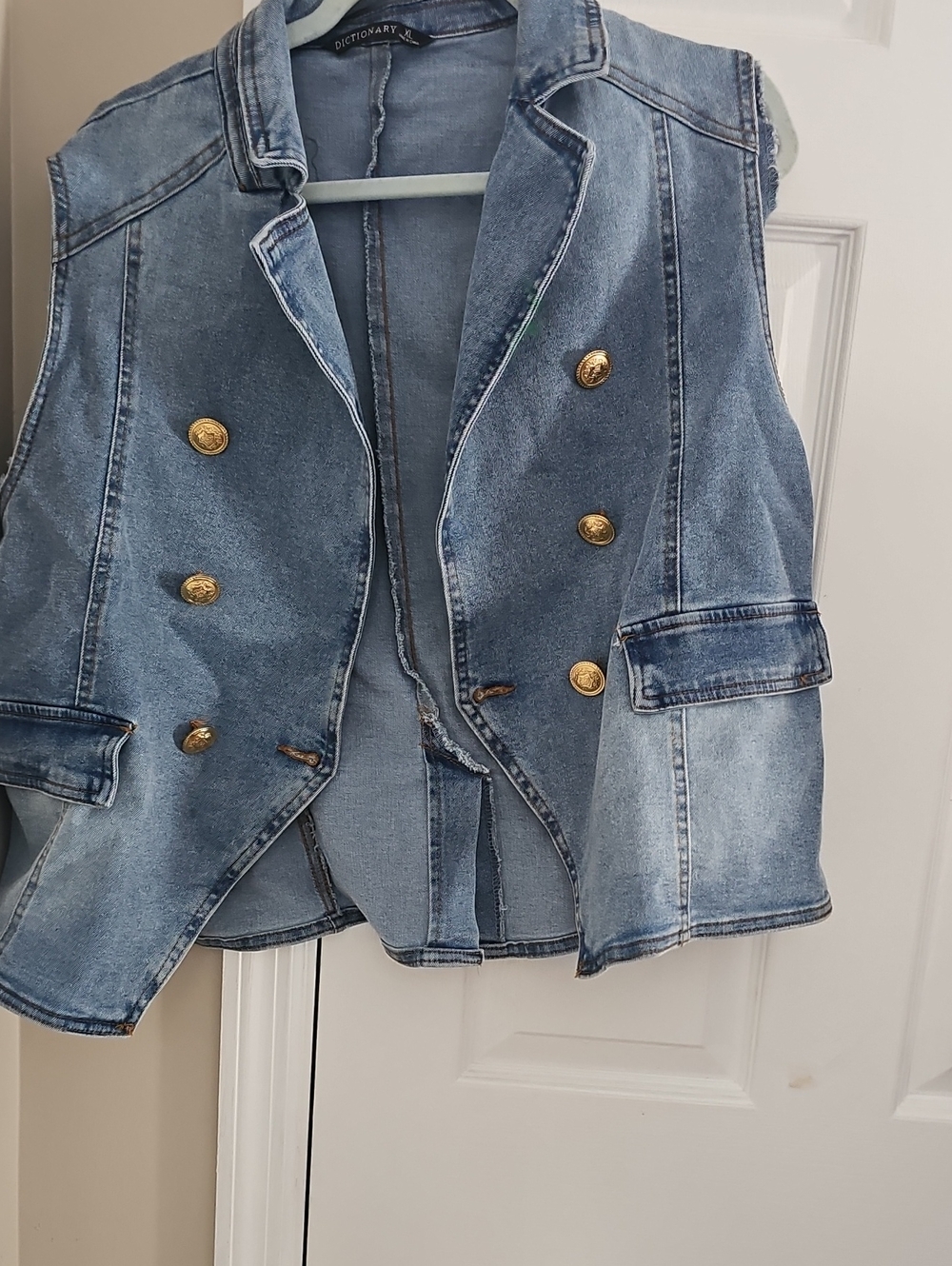 Dictionary Light Wash Denim Double-Breasted Vest with Gold Buttons